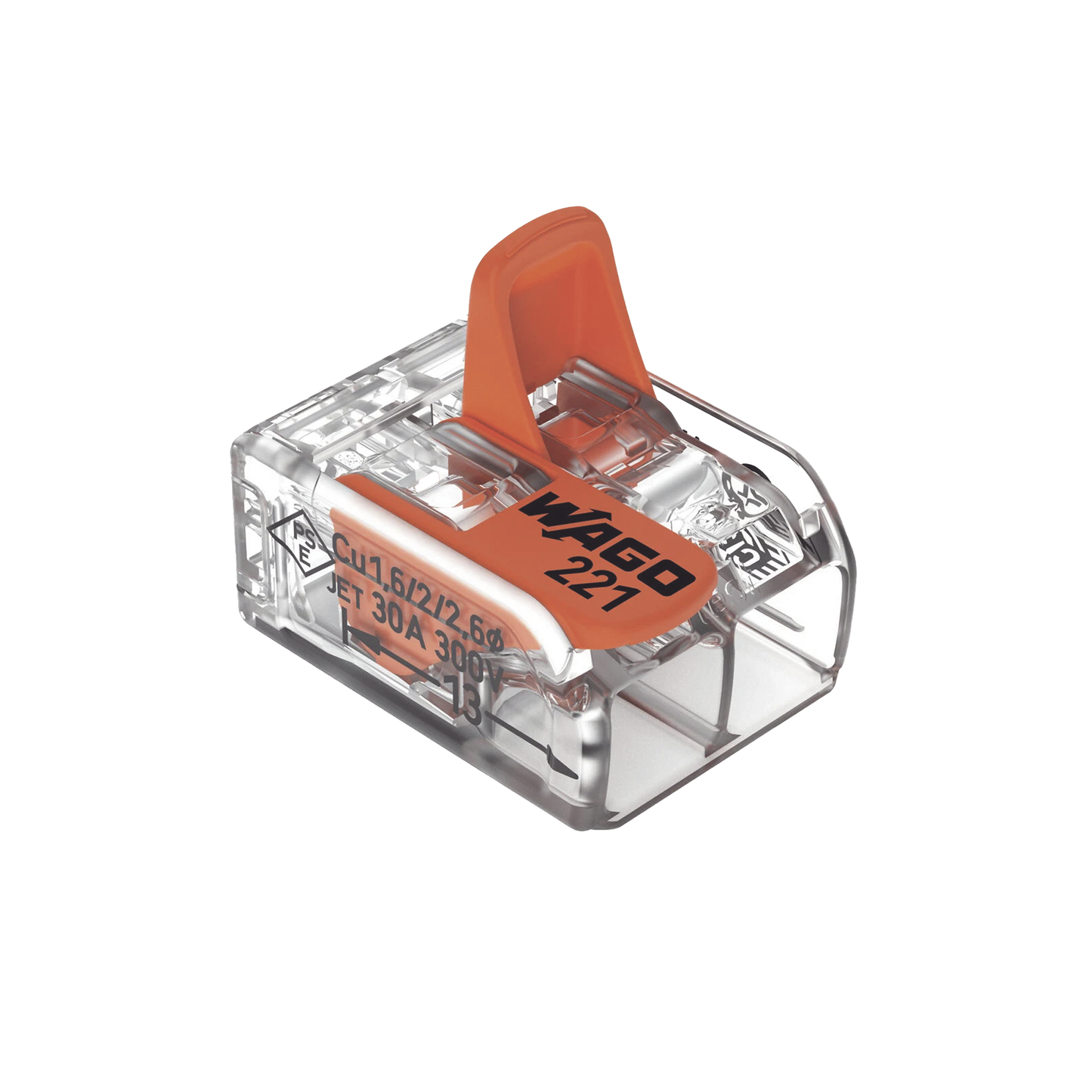 Borne de Conexión con Palancas / Serie 221 / 6 mm² Máximo / 30 A / 300 V / Transparente / T85 / CAGE CLAMP® / Conexión Lateral