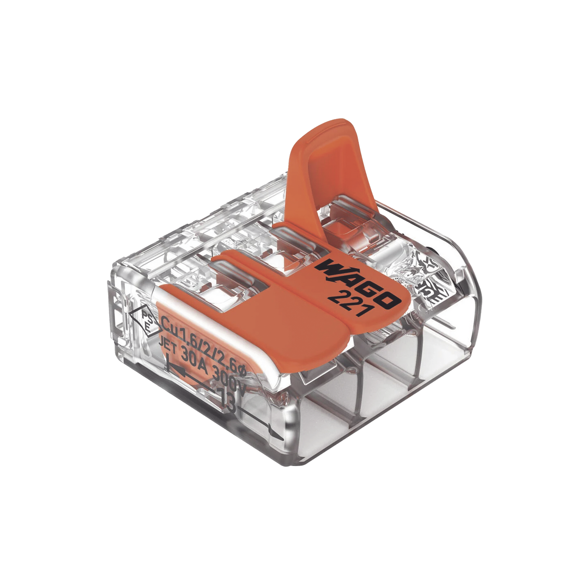 Borna de Conexión con Palancas / 3 Conductores / CAGE CLAMP® / 6 mm² (10 AWG) Máximo / 32A 450V / Transparente / Palancas Naranja / TB85