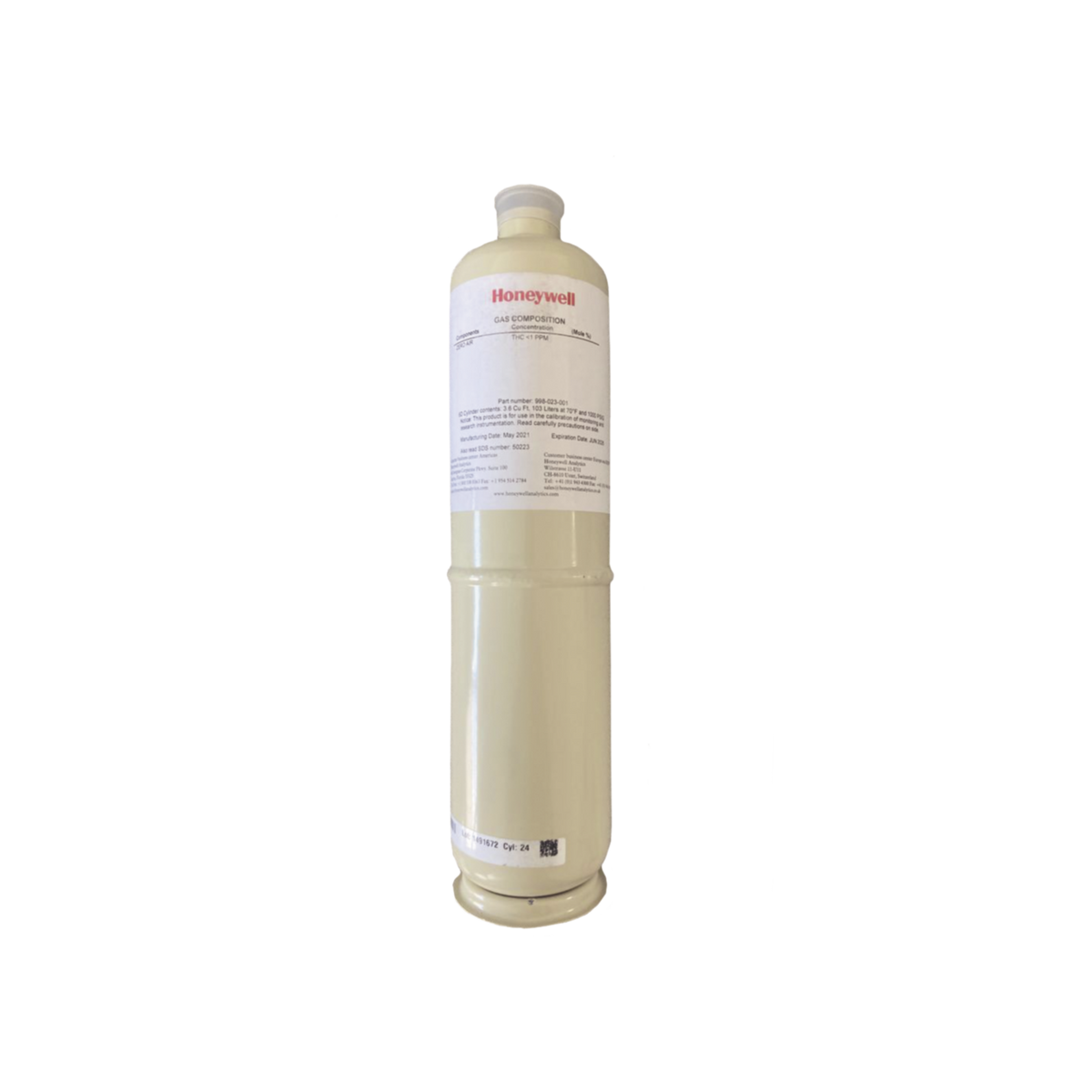 Cilindro Para Calibración De Aire Cero, Concentración 20.9% V/V, Capacidad 103 L, Dimensiones 5/8" x 18" Para Serie XNX/XCD/S3K Gases Tóxicos