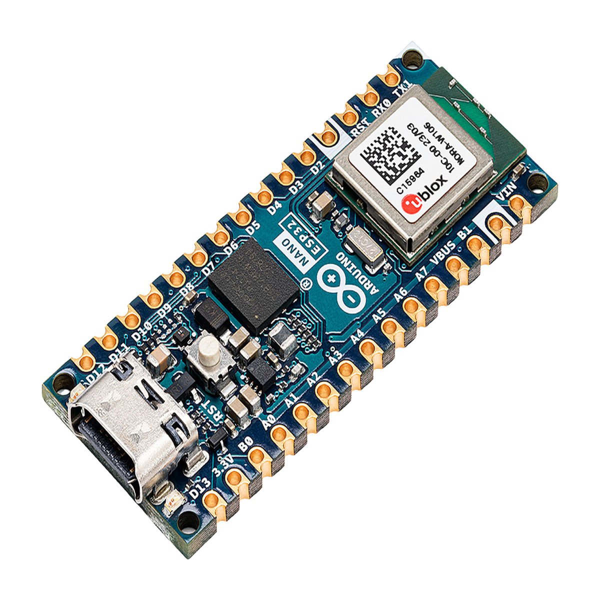 Placa Desarrollo Arduino Nano ESP32 / Microcontrolador ESP32-S3 Dual-Core 240 MHz / Wi-Fi 4 802.11 b/g/n + Bluetooth LE 5.0 / 16 MB Flash Externa + 8 MB PSRAM / Compatibilidad Arduino Cloud + MicroPython / USB-C + Conectividad IoT
