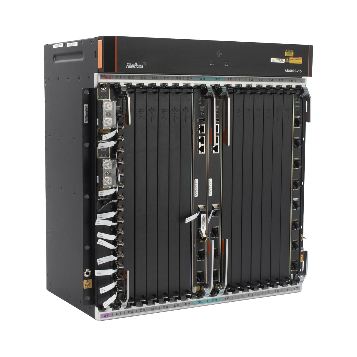 OLT Carrier Class Modular GPON, 14 Ranuras de Servicio, Incluye 1 Tarjeta de Servicio, Doble fuente -48Vcc, 11 UR, Gestión por UNM2000, CLI, Incluye Instalación de software UNM2000, (Interoperabilidad con ONUs de Terceros sin Costo)