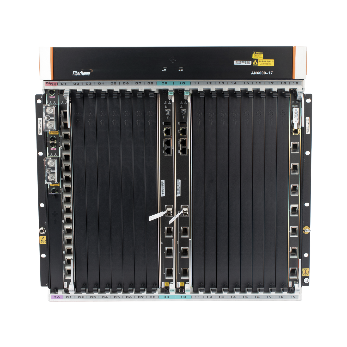 OLT Carrier Class Modular GPON, 16 Ranuras de Servicio, Incluye 1 Tarjeta de Servicio, crecimiento hasta 256 puertos GPON o 128 XGPON, Gestión por UNM2000, CLI, (Incluye Instalación de Software UNM2000)