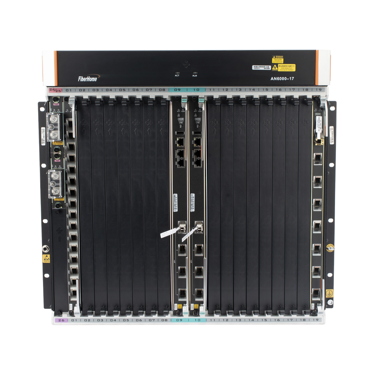 OLT Carrier Class Modular GPON, 16 Ranuras de Servicio, Incluye 1 Tarjeta de Servicio, crecimiento hasta 256 puertos GPON o 128 XGPON, Gestión por UNM2000, CLI, (Incluye Instalación de Software UNM2000)