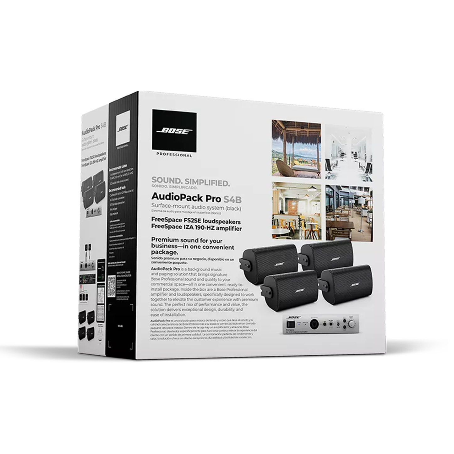 Kit de Audio Freespace | 4 Altavoces de Pared + Amplificador | Color Negro | Ideal para Audio Ambiental