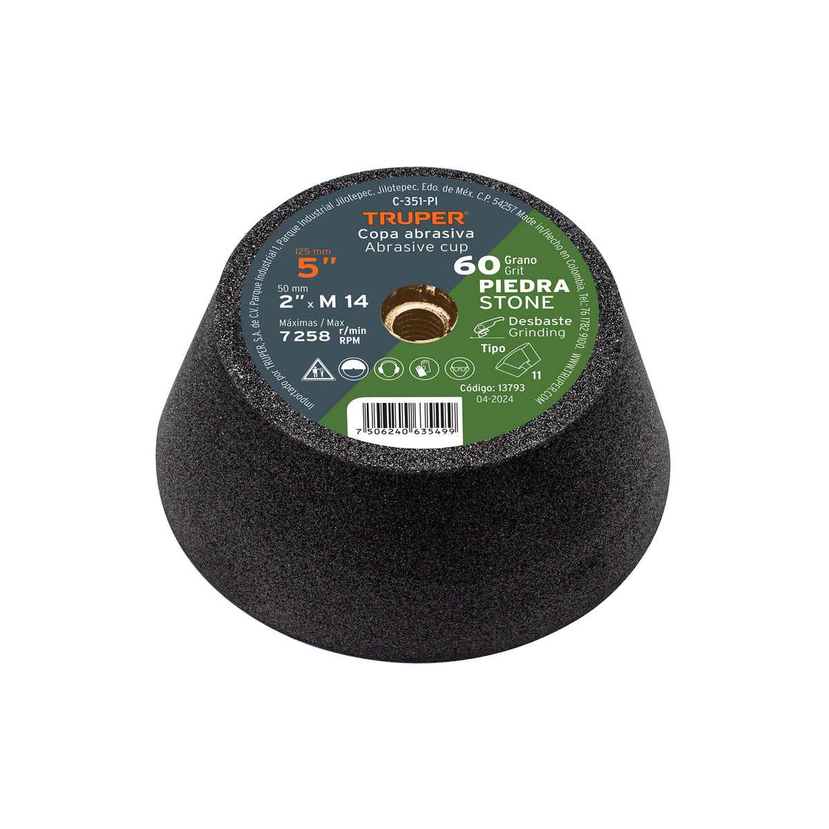 Copa desbaste de piedra 5' grano 60, eje M14, Truper