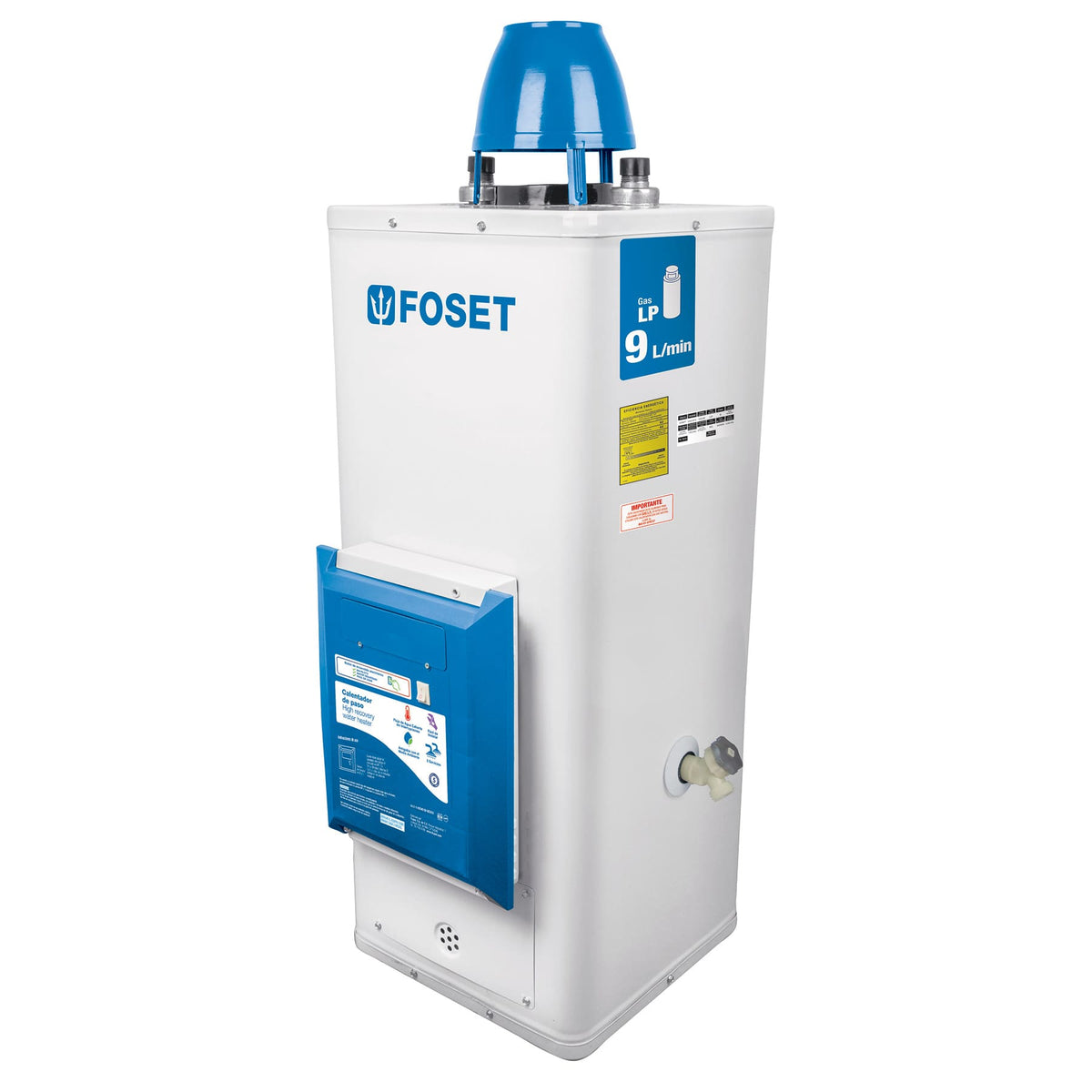 Calentador de paso, electrónico,9L, 2 servicios,gas LP,Foset