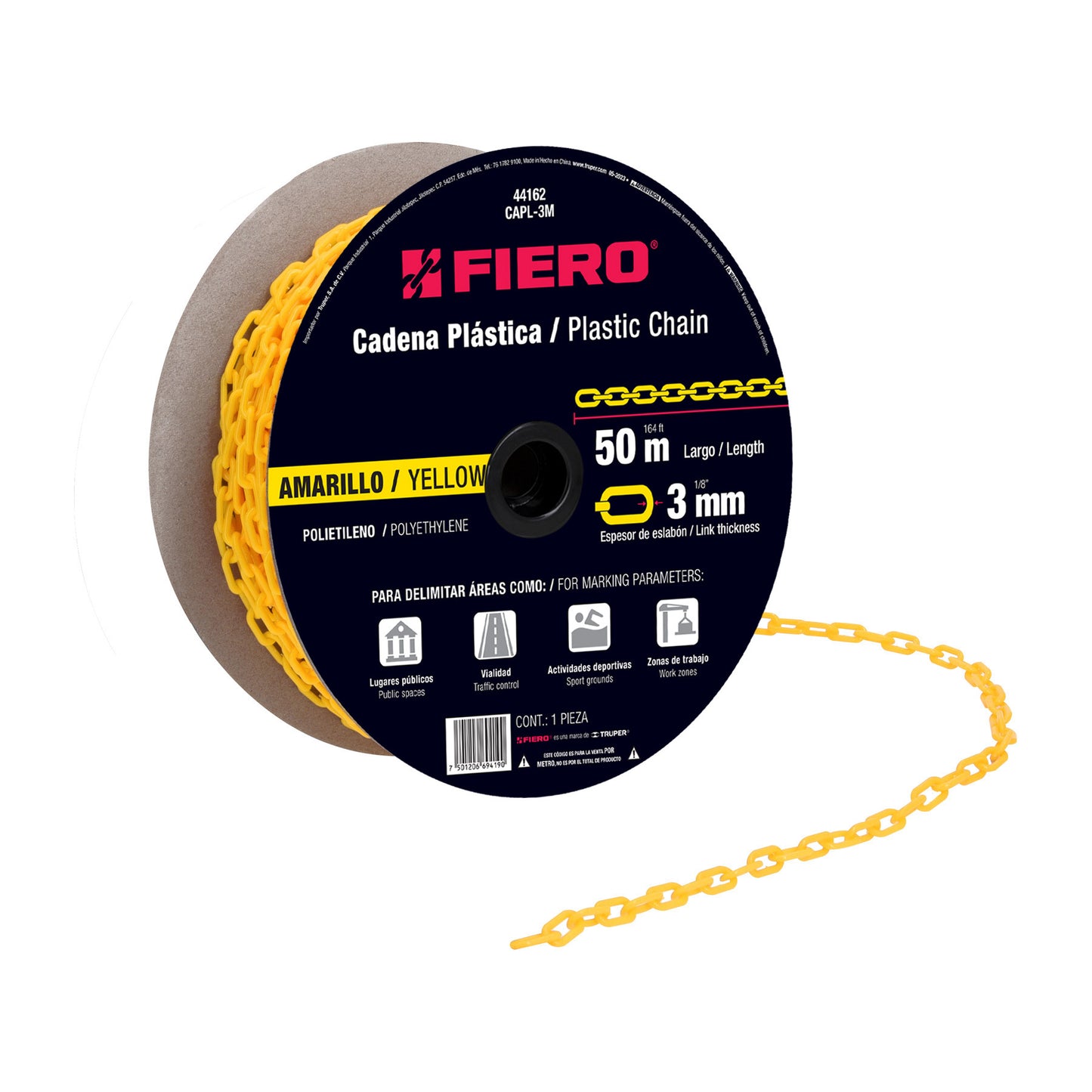 Metro de cadena de 3 mm de plástico amarilla, carrete de 50m