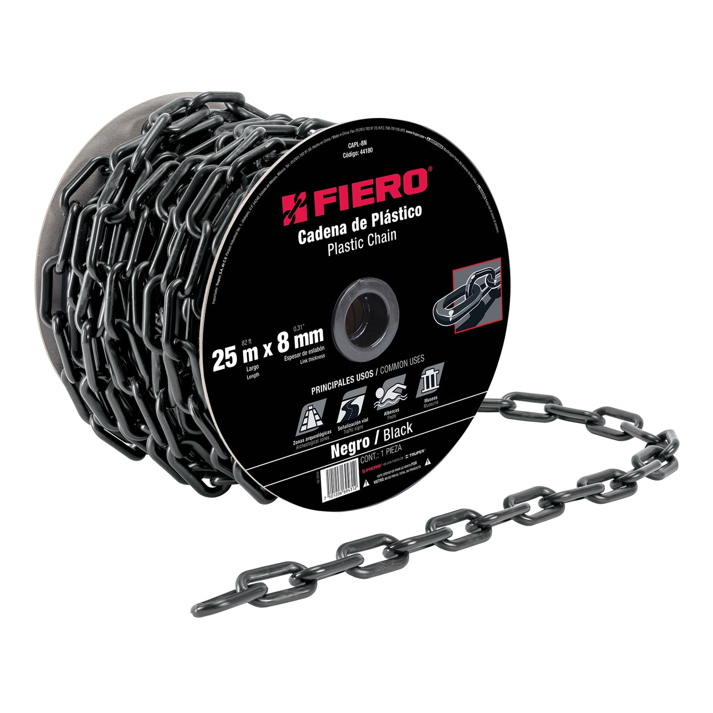 Metro de cadena de 8 mm de plástico negra, carrete de 25 m