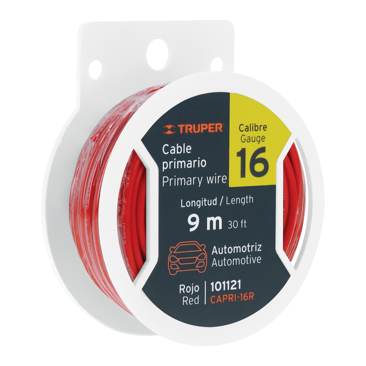 Carrete con 9 m de cable primario rojo calibre 16, Truper