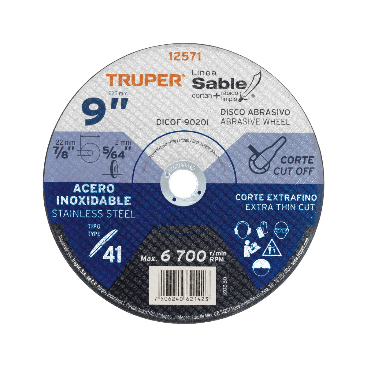 Disco Tipo 41 de 9' x 2 mm corte fino acero inox, Sable