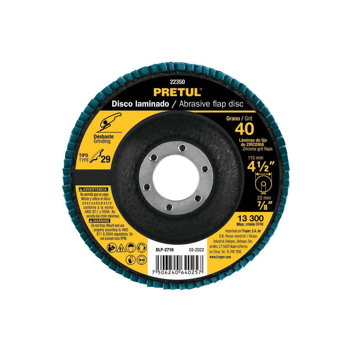 Disco laminado 4-1/2', grano 40 centro 7/8', fibra, PRETUL