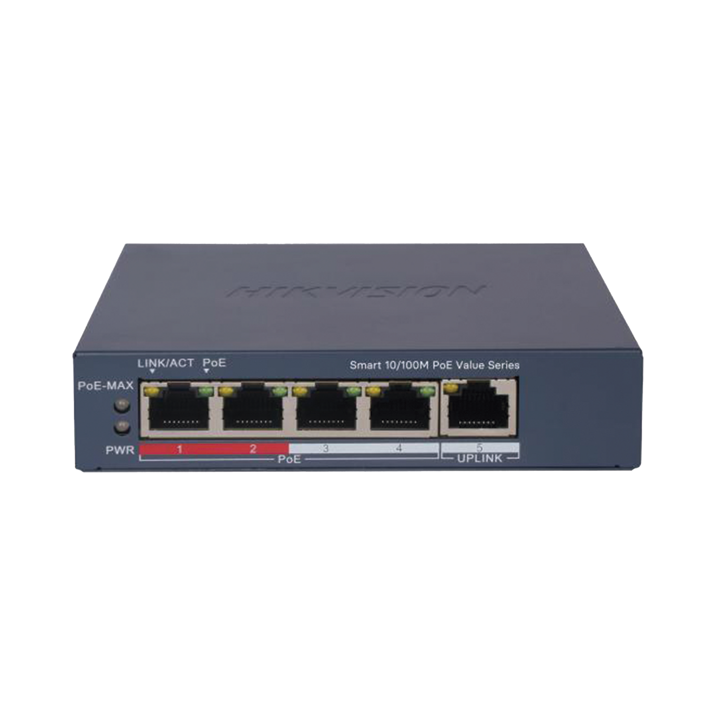 Switch PoE+ / Monitoreable / 4 Puertos 10/100 Mbps PoE+ / 1 Puerto 10/100 Mbps Uplink / Configuración Nube Hik-PartnerPro / Modo Extendido hasta 300 Metros / 45 W