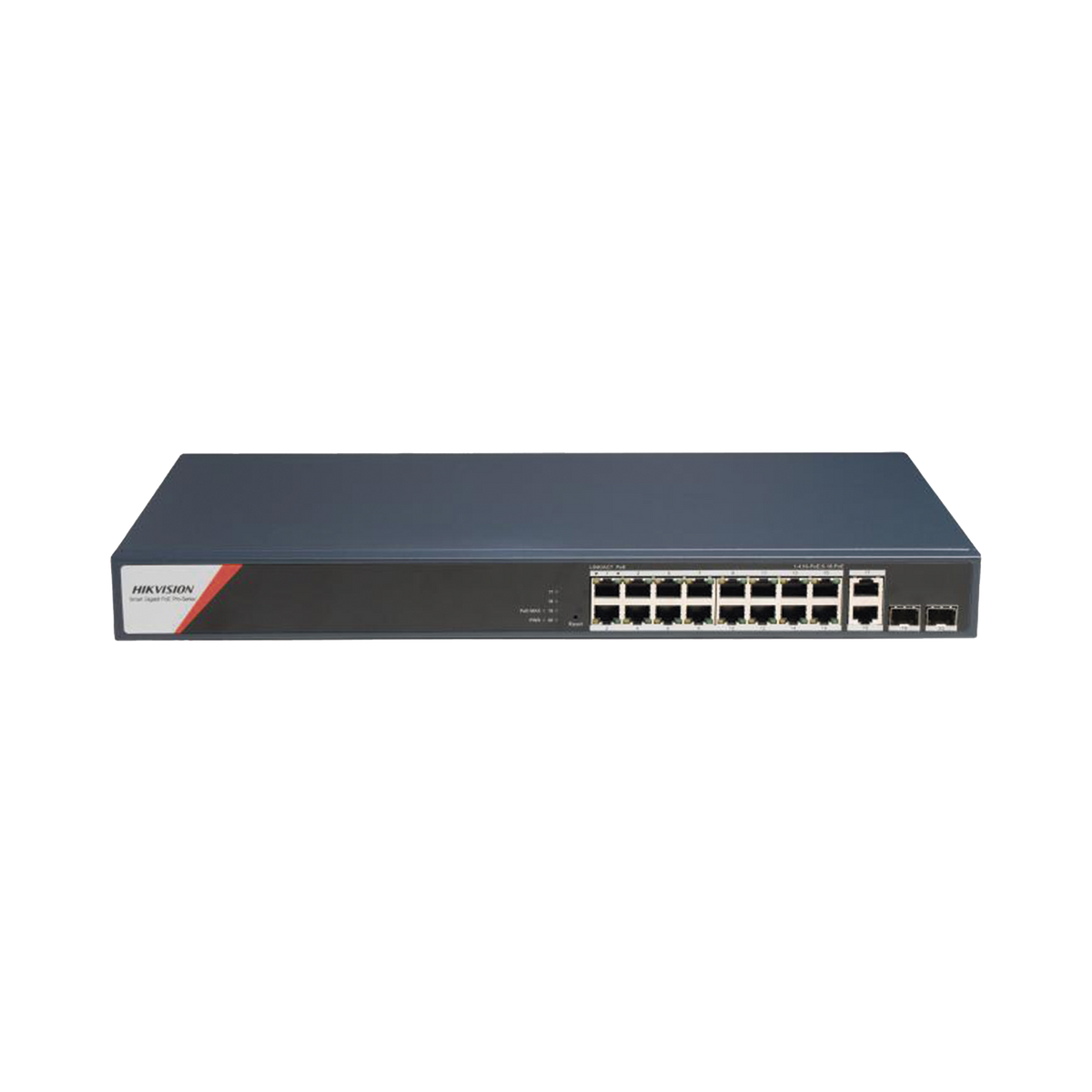 Switch Gigabit PoE+ / Administrable / 16 Puertos 1000 Mbps PoE+ (4 Puertos PoE++ 90 W) / 2 Puertos 1000 Mbps de Uplink / 2 Puertos SFP / Configuración Nube Hik-PartnerPro / Modo Extendido hasta 300 Metros / 230 W