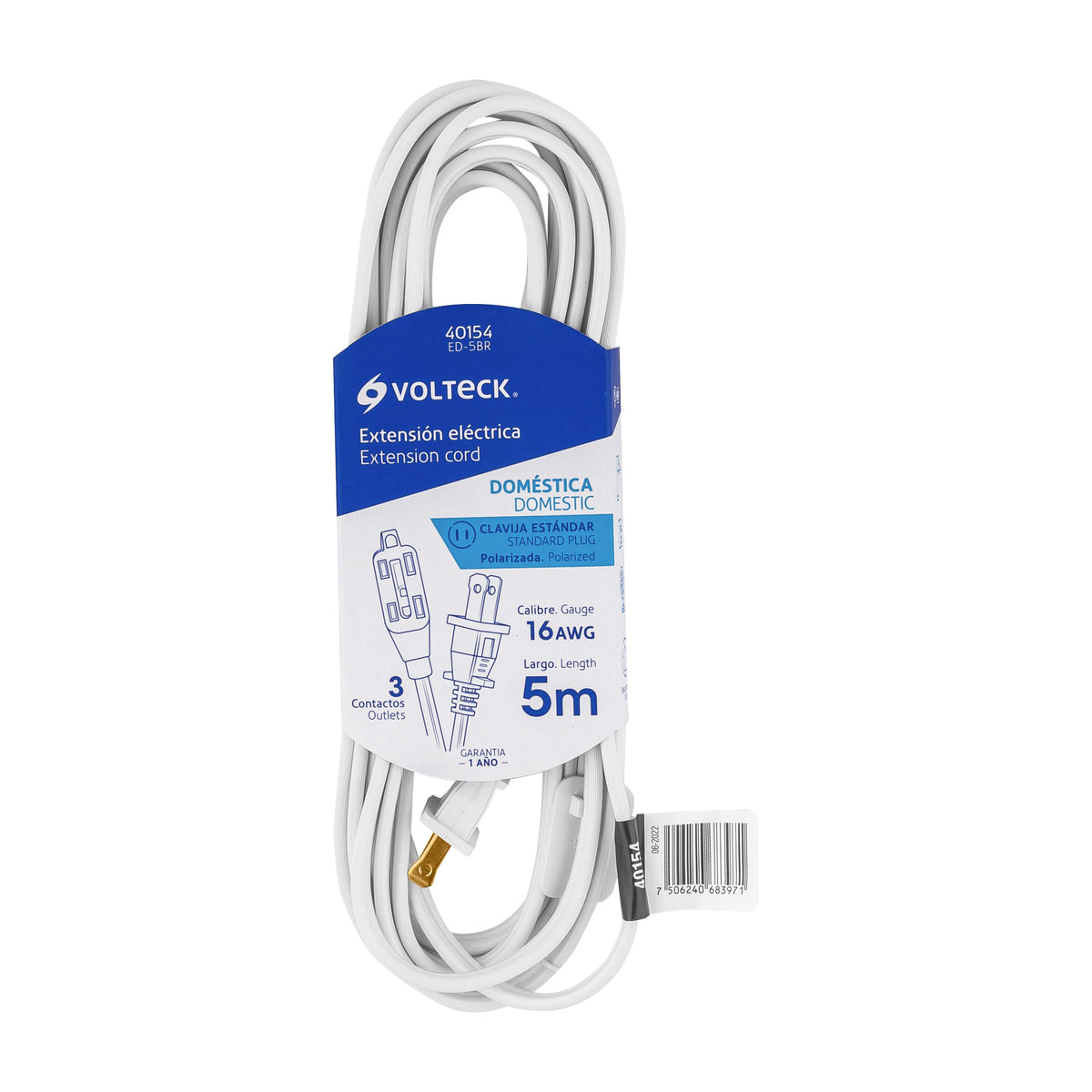 Extensión eléctrica doméstica 5 m clavija recta, blanca