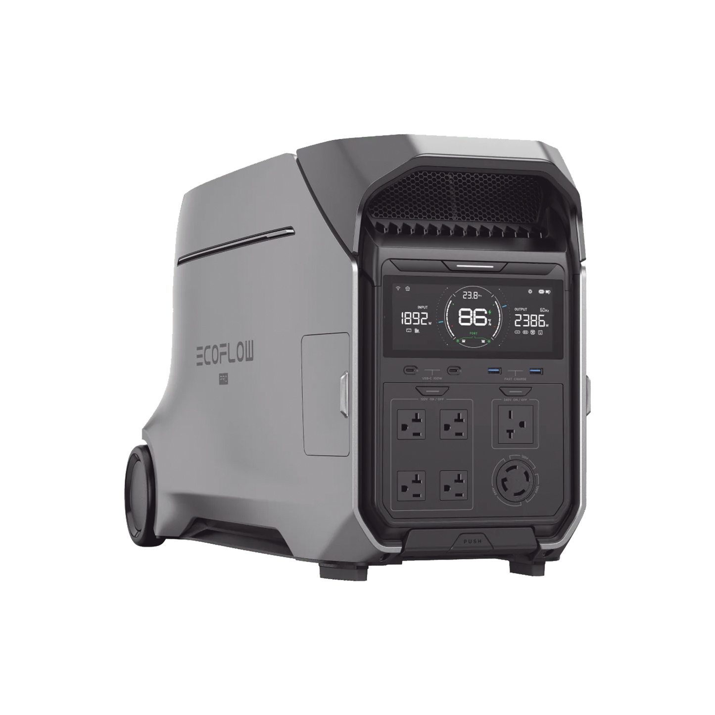 Estación de Energía Portátil DELTA PRO3 / 4096Wh Litio LFP / 5 AC 4000W (8000W Pico) / 2 USB-C 100W / Capacidad para Aumentar Respaldo / Cargador de Coche 10A a 12.6V / Conectividad WiFi y Bluetooth (App) / Carga Solar 2600W Max. (2 P