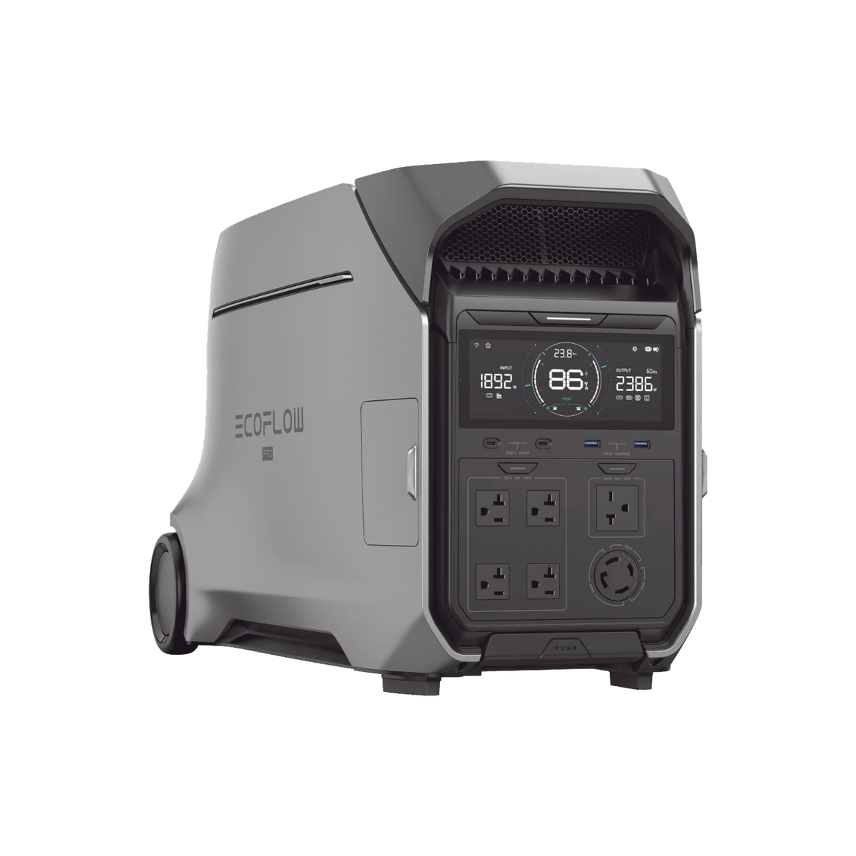 Estación de Energía Portátil DELTA PRO3 / 4096Wh Litio LFP / 5 AC 4000W (8000W Pico) / 2 USB-C 100W / Capacidad para Aumentar Respaldo / Cargador de Coche 10A a 12.6V / Conectividad WiFi y Bluetooth (App) / Carga Solar 2600W Max. (2 P