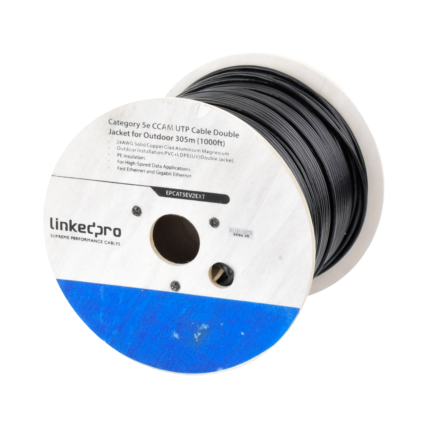 Bobina de Cable de 305 Metros (1000 Pies) Cat5e, Aleación de Cobre y Aluminio (CCA), Color Negro, Uso Intemperie, Doble Forro