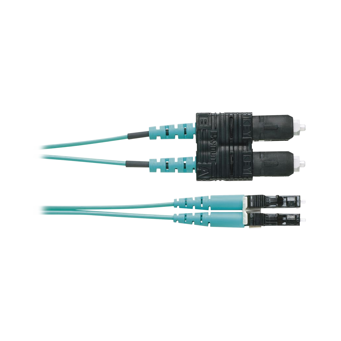 Jumper de Fibra Optica Multimodo 50/125 OM4, LC-SC Duplex, OFNR (Riser), Color Aqua, 2 Metros (6.56 Pies)