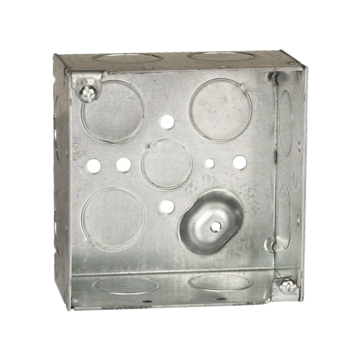 Caja Cuadrada Galvanizada de 4 x 4" / Profundidad 2 1/8 / 11 Entradas de 3/4" y 1 de 1/2".