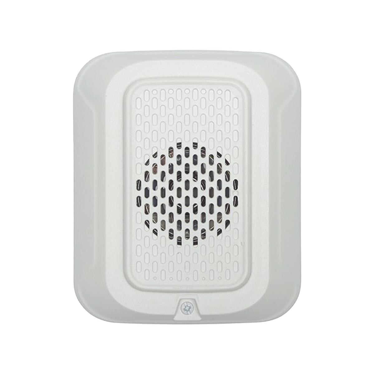Sonorizador de baja frecuencia de 520 Hz para pared, 24 Vcd, cumple NFPA 72 en áreas de descanso, tonos temporal y continuo, color blanco