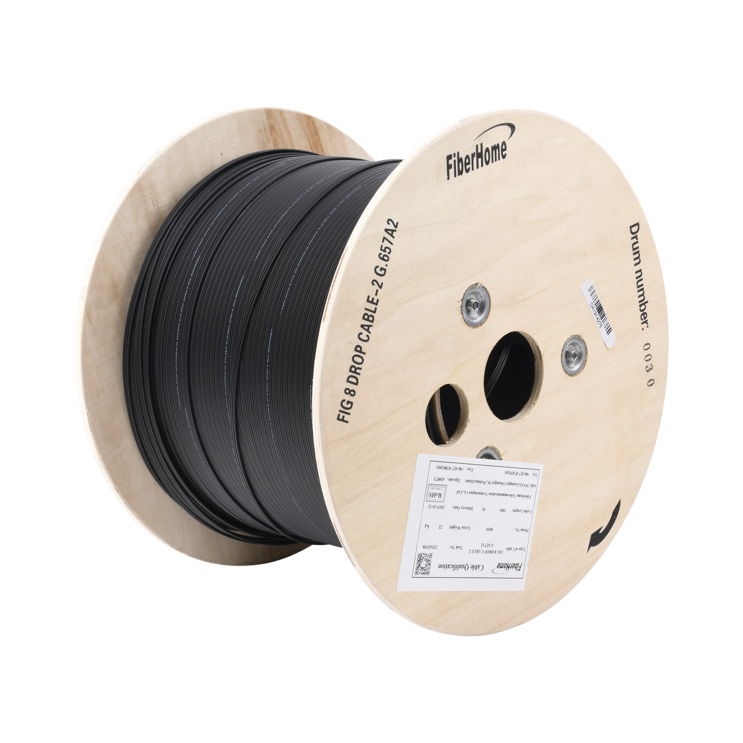 Carrete de 1 km de Fibra �ptica A�rea Mini Figura 8 G.657A2 Tipo Drop, Monomodo de 2 Hilos (Bifibra), Dise�ada para Fusionarse, Color Negro, Span 80, (No Soporta Conectores Mec�nicos)