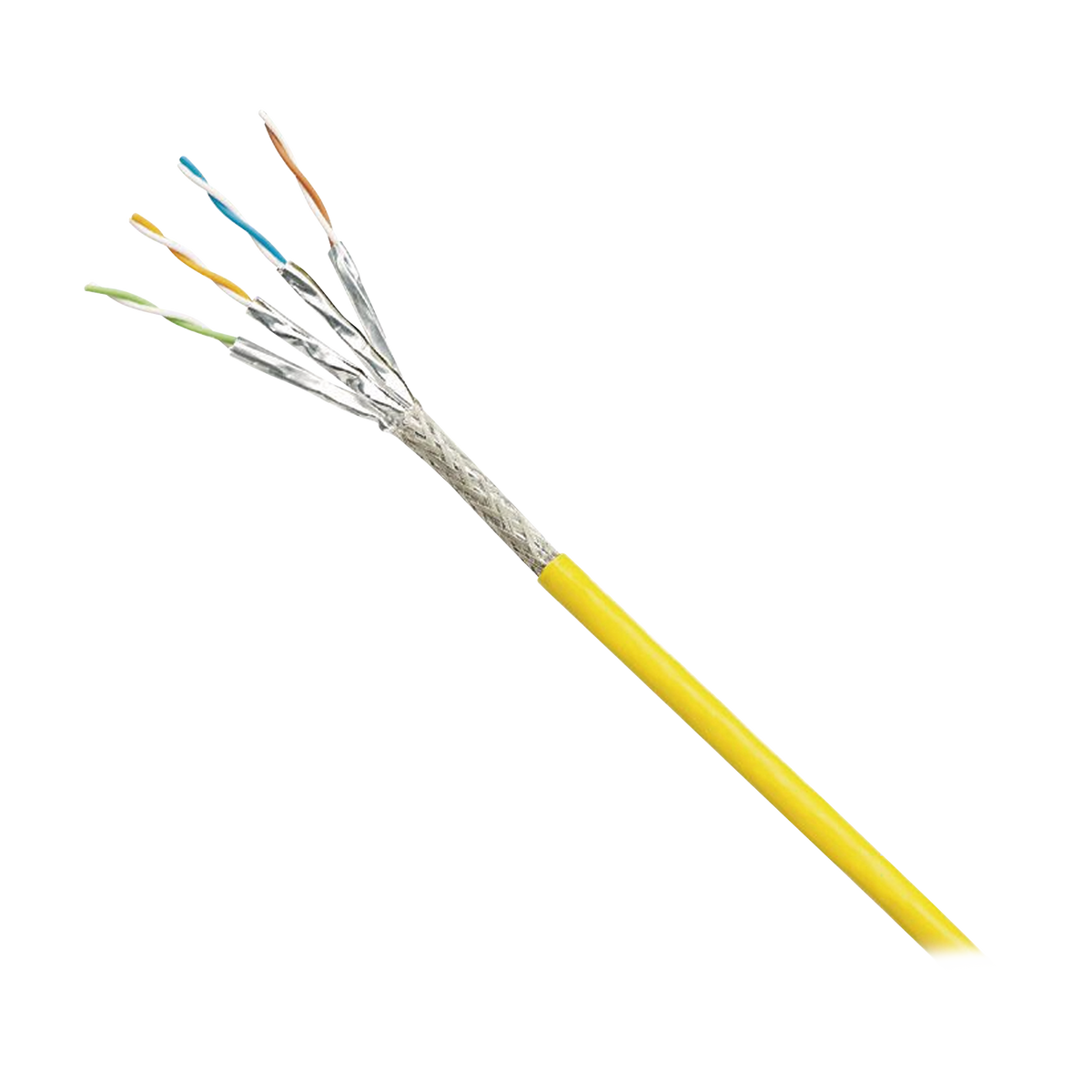 Bobina de Cable Blindado S/FTP Categoría 6A, Uso Industrial con Resistencia al Aceite, Rayos UV y Abrasión, Multifilar (Flexible), Color Amarillo, Bobina de 500 Metros (1640 Pies)