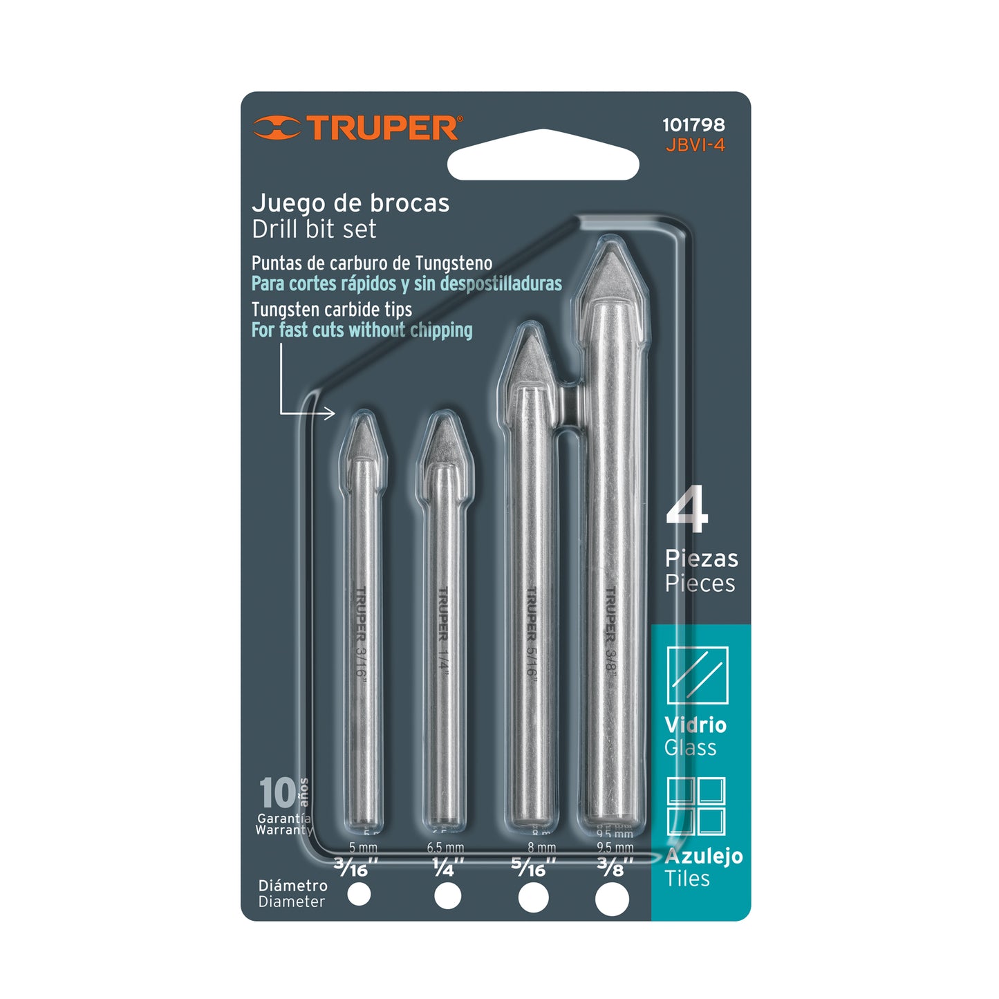 Juego de 4 brocas para vidrio y azulejo, Truper