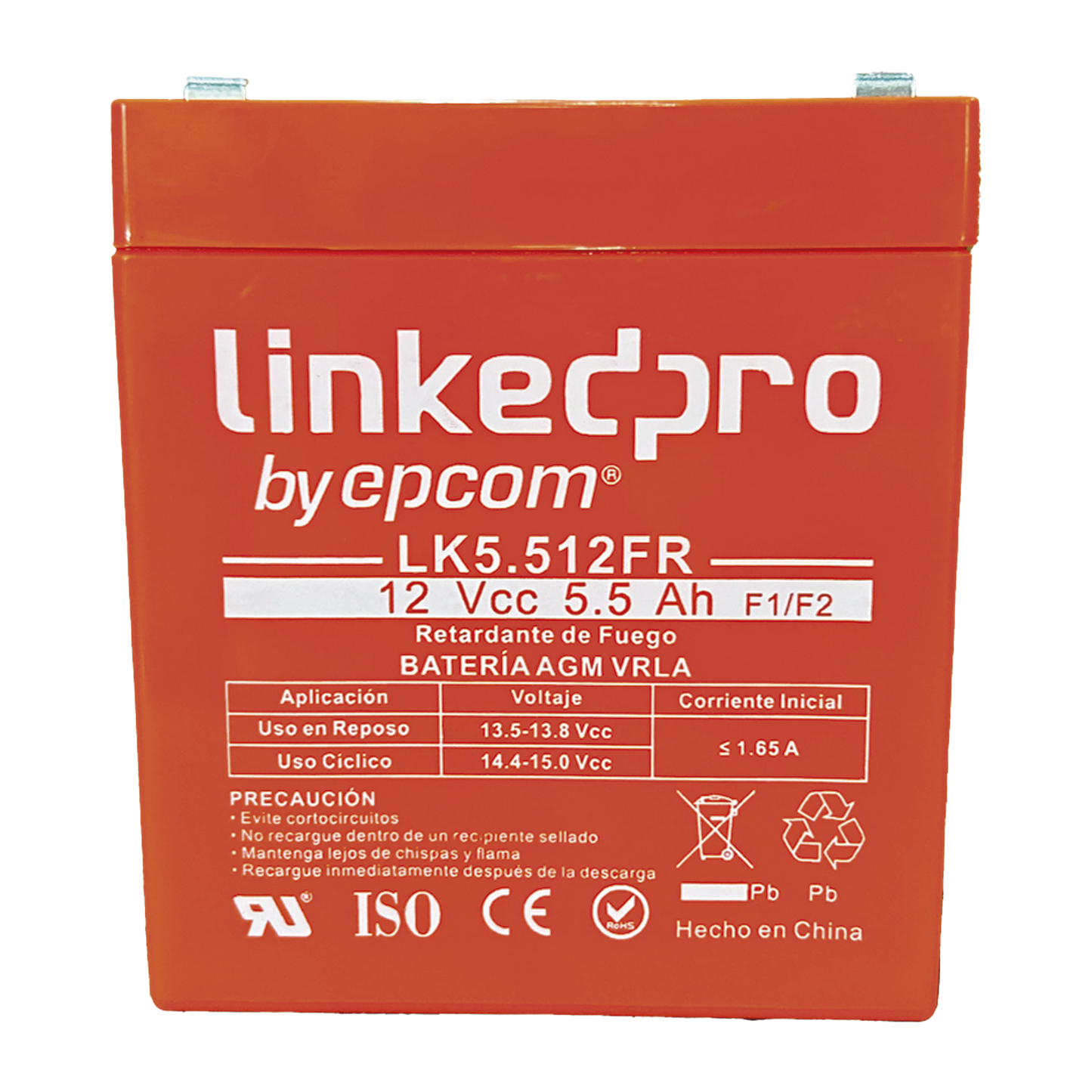 Batería de respaldo 12 V | 5.5 Ah | AGM | Certificada UL94-V0 Retardante a la Flama | Especial para Seguridad Electrónica | UPS | Sistemas de Emergencia | Vida útil 5 años | Terminales F1 + Adaptador F2
