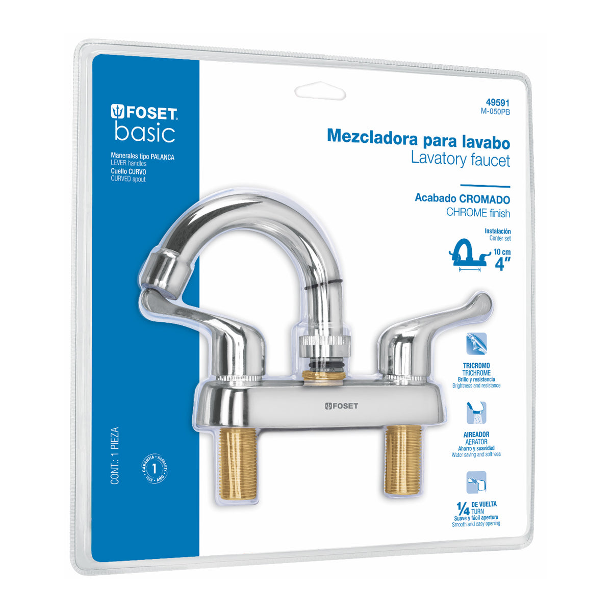 Mezcladora 4' lavabo, ABS,cuello curvo,palanca,blister,BASIC