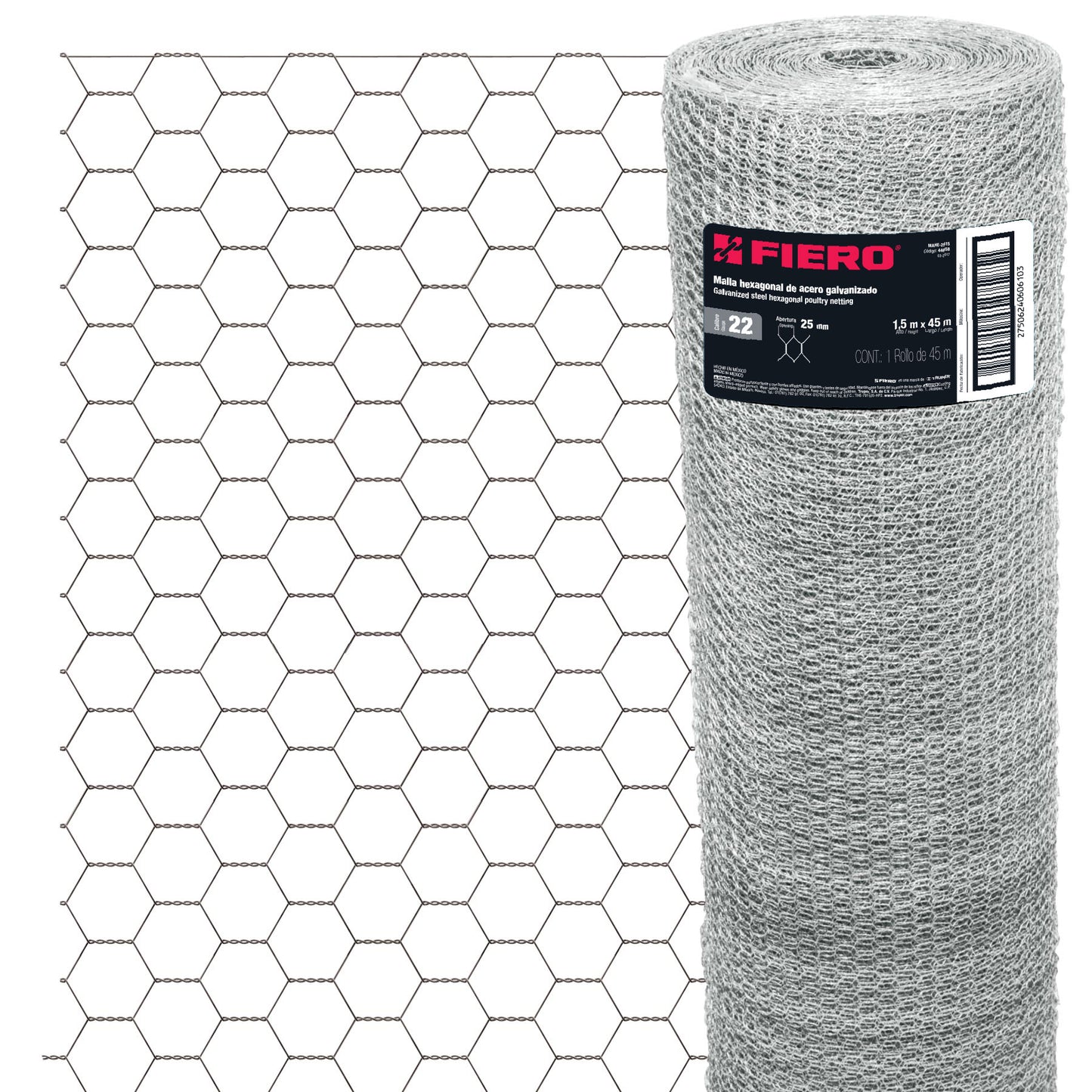 Rollo malla hexagonal cal.22, 1.5x 45m, abertura 25mm, 20kg