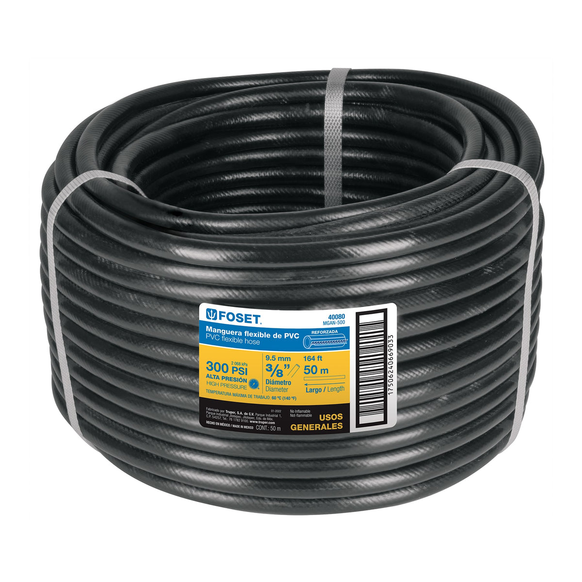 Manguera para gas, PVC negra, 3/8'x50 m, s/conexión, Foset