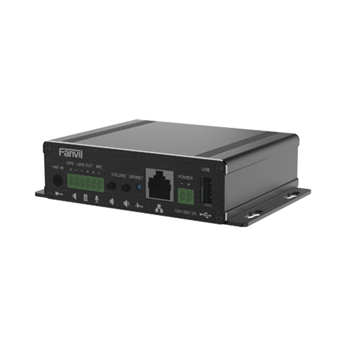 Gateway para Voceo IP/SIP, Entrada de audio (3.5mm), salida de amplificador integrado de hasta 30W, puerto USB (reproducción de MP3),