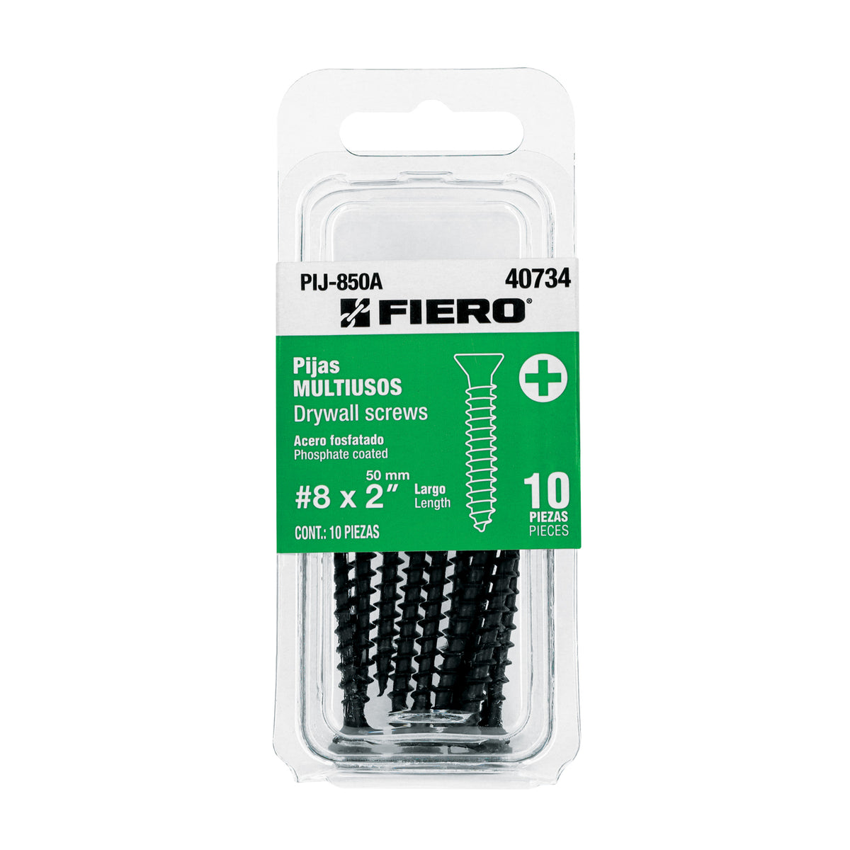 Blíster con 10 pijas multiusos, #8 x 2' , Fiero