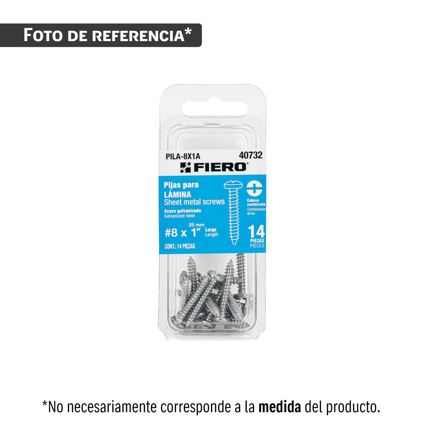 Blíster con 8 pijas para lámina, #8 x 2', Fiero