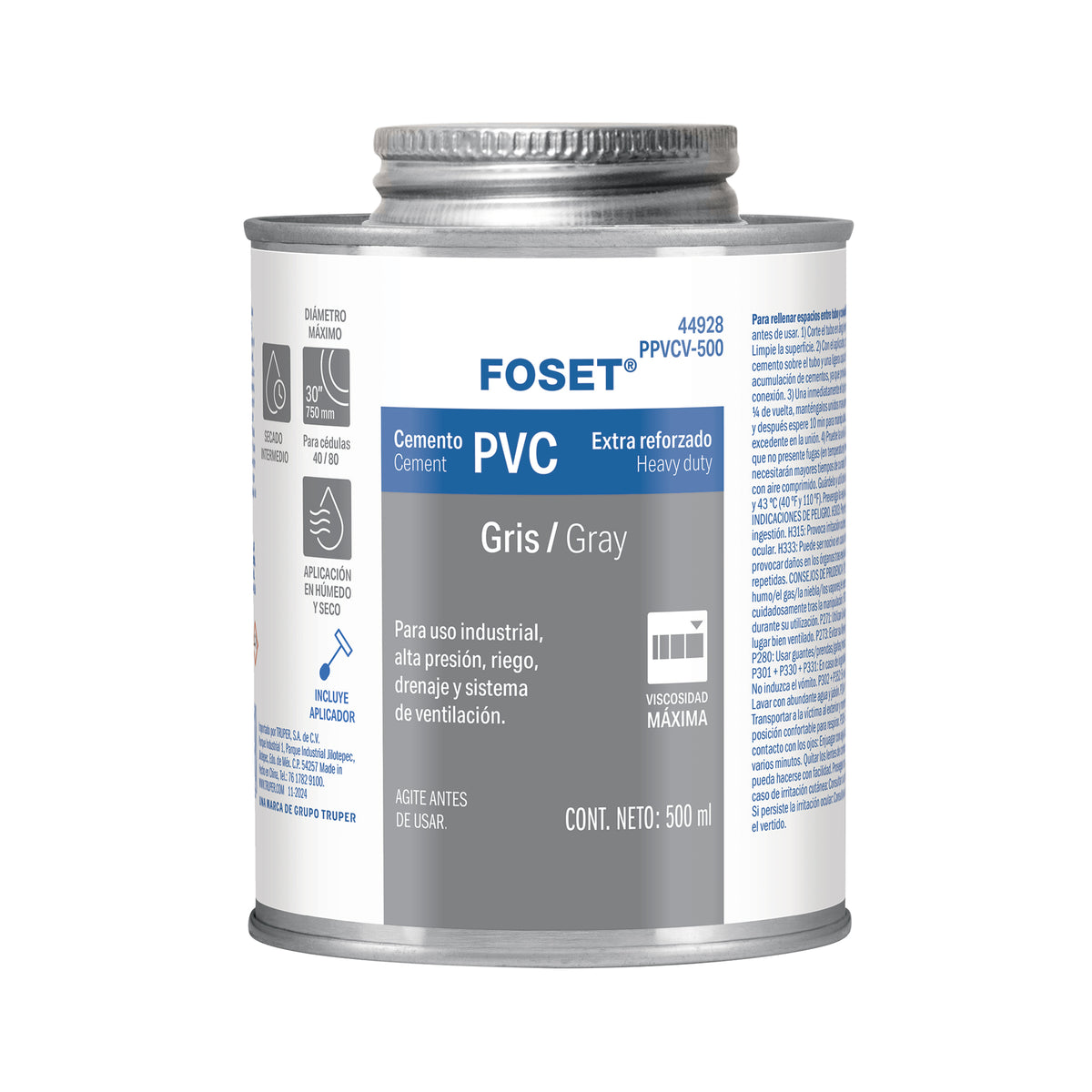 Cemento p/PVC, gris, máxima viscosidad, lata 500ml, FOSET