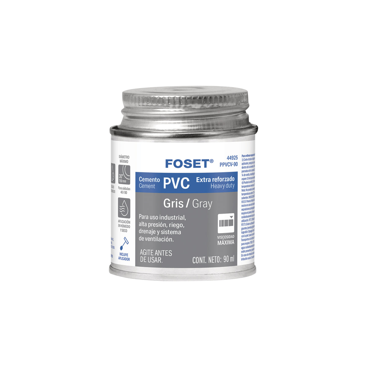 Cemento p/PVC, gris, máxima viscosidad, lata 90ml, FOSET