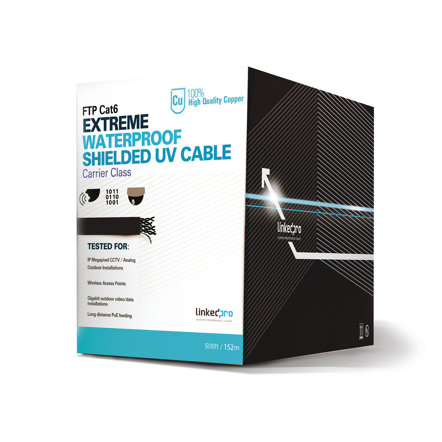 Bobina de 152.5 Metros (500 Pies) Cat6+ Calibre 23 Exterior Blindado Tipo FTP Para Climas Extremos, UL Para Aplicaciones de Video Vigilancia y Redes de Datos. Para Uso en Intemperie.