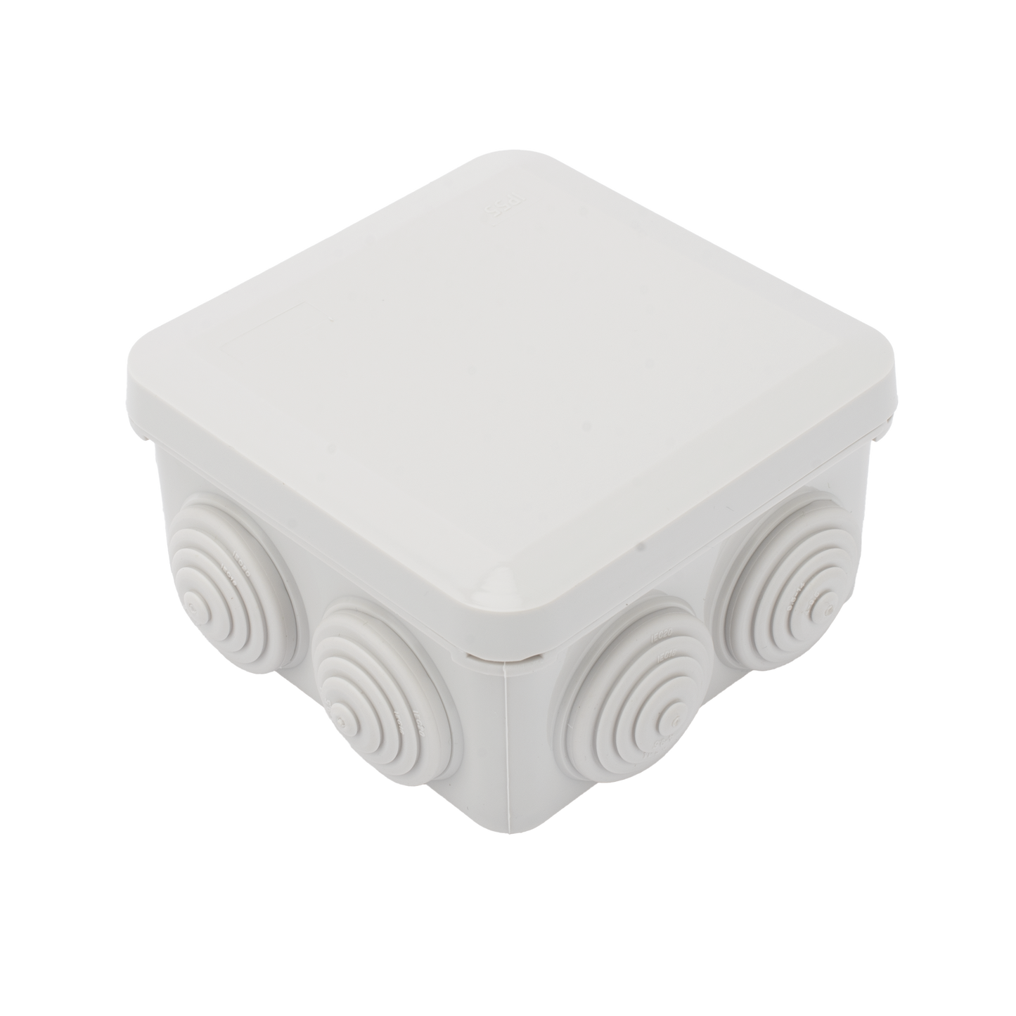 Caja Estanca, Derivación, Conexión de Plástico (89 X 89 X 50 mm) con 7 Glándulas de Goma. Para Instalaciones Comerciales, Residenciales e Industriales. Cerrado a Presión.