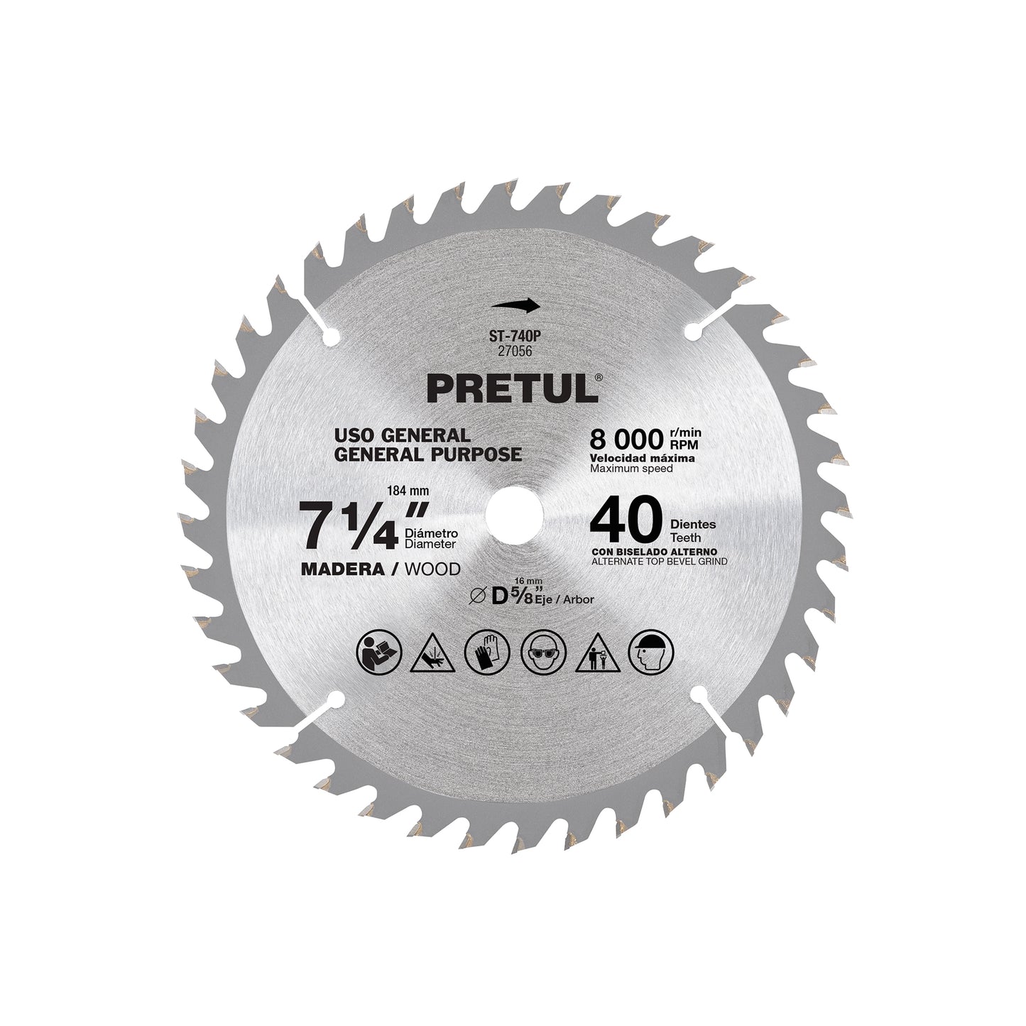 Disco sierra 7-1/4' p/madera, 40 dientes centro 5/8', Pretul