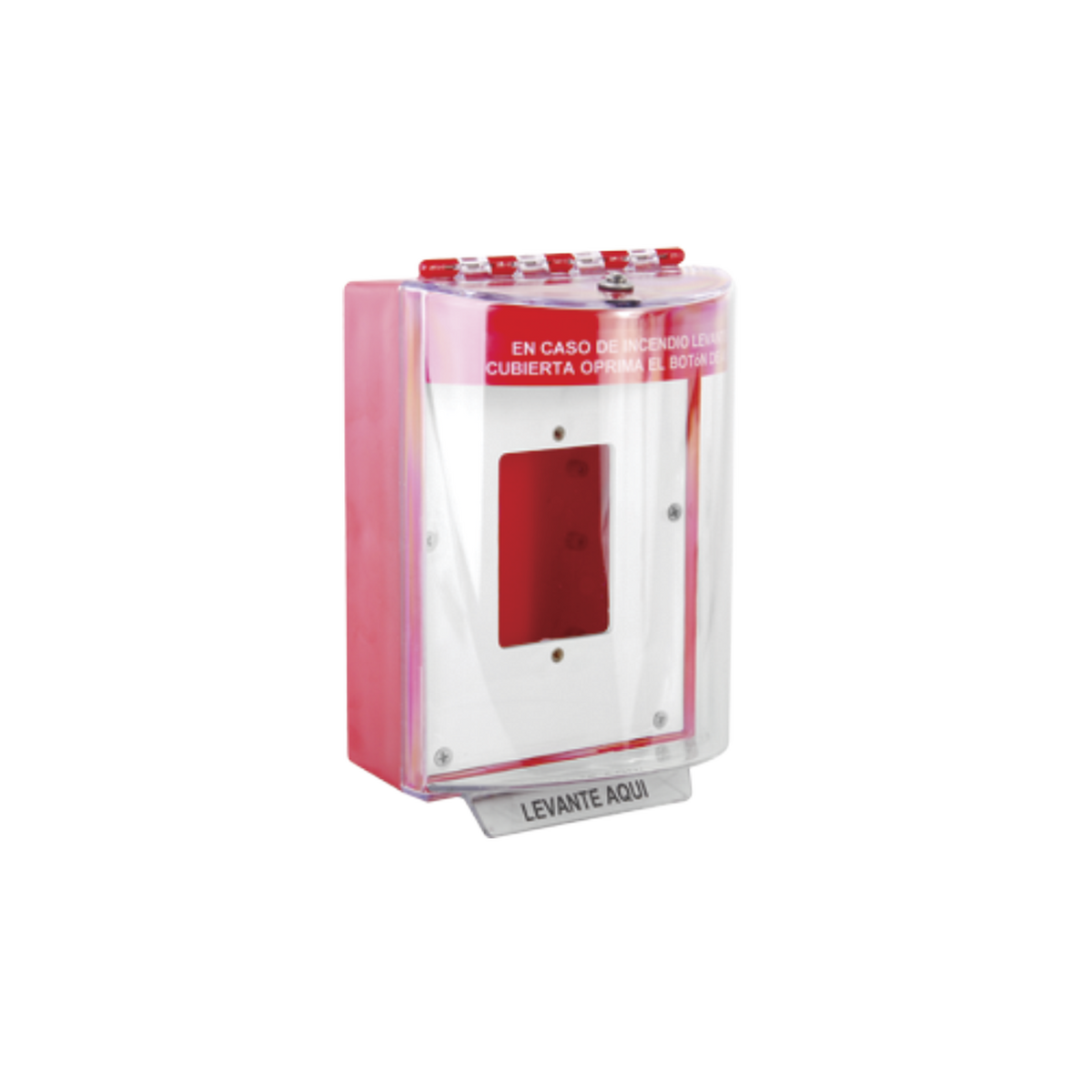 Cubierta Universal De Policarbonato Con Espaciador y Placa De Montaje Interna, Texto De Incendio En Español, Interior/Exterior, Serie Universal Stopper®