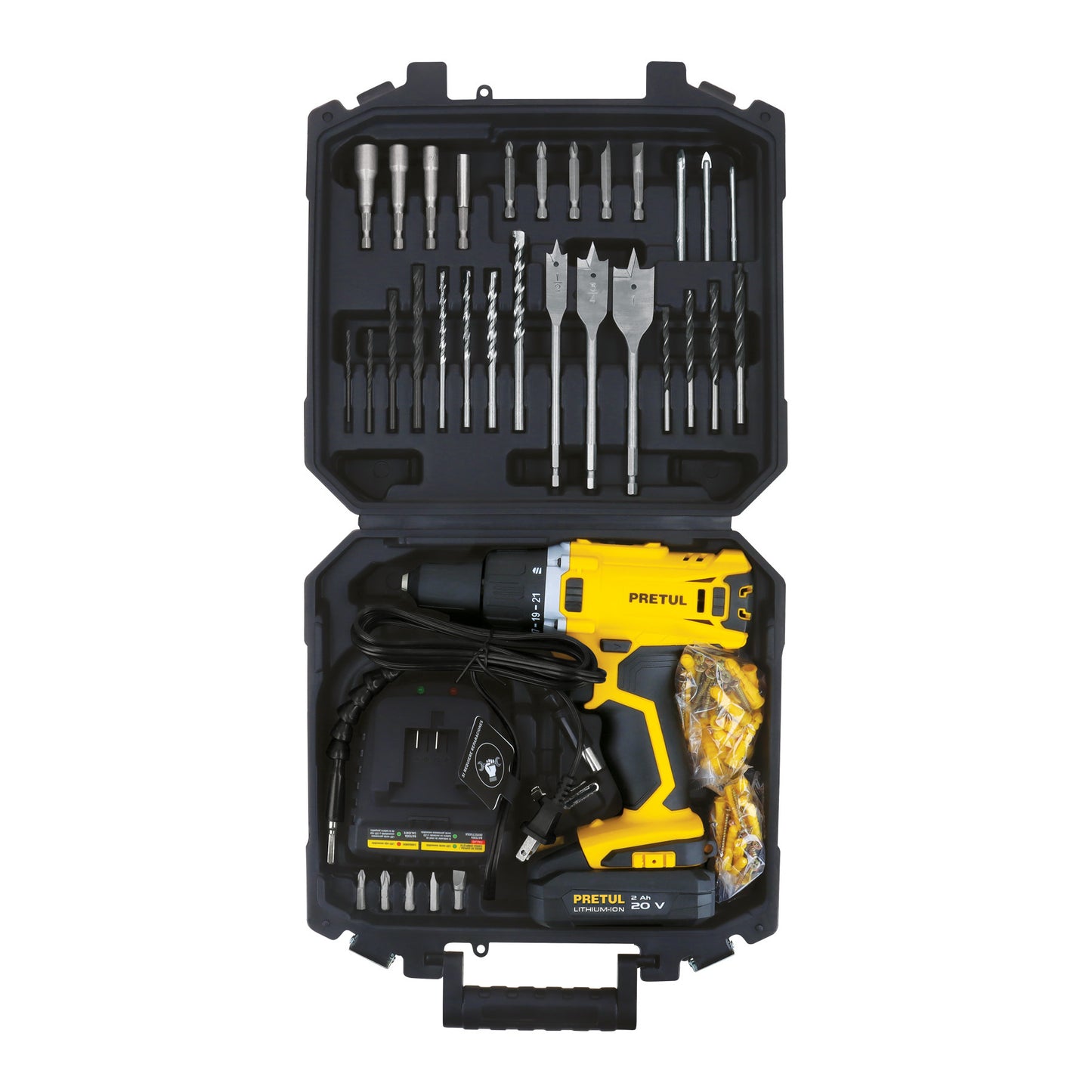 Kit taladro 1/2', 20V, 1 batería 2Ah, 32 accesorios, PRETUL