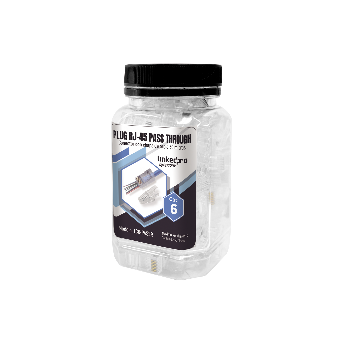 Bote con 50 Plugs Pass Through RJ45 Cat6 sin Blindaje, con Alivio de Tensi�n Incluido, Chapado de Oro a 30 Micras para Durabilidad Extrema