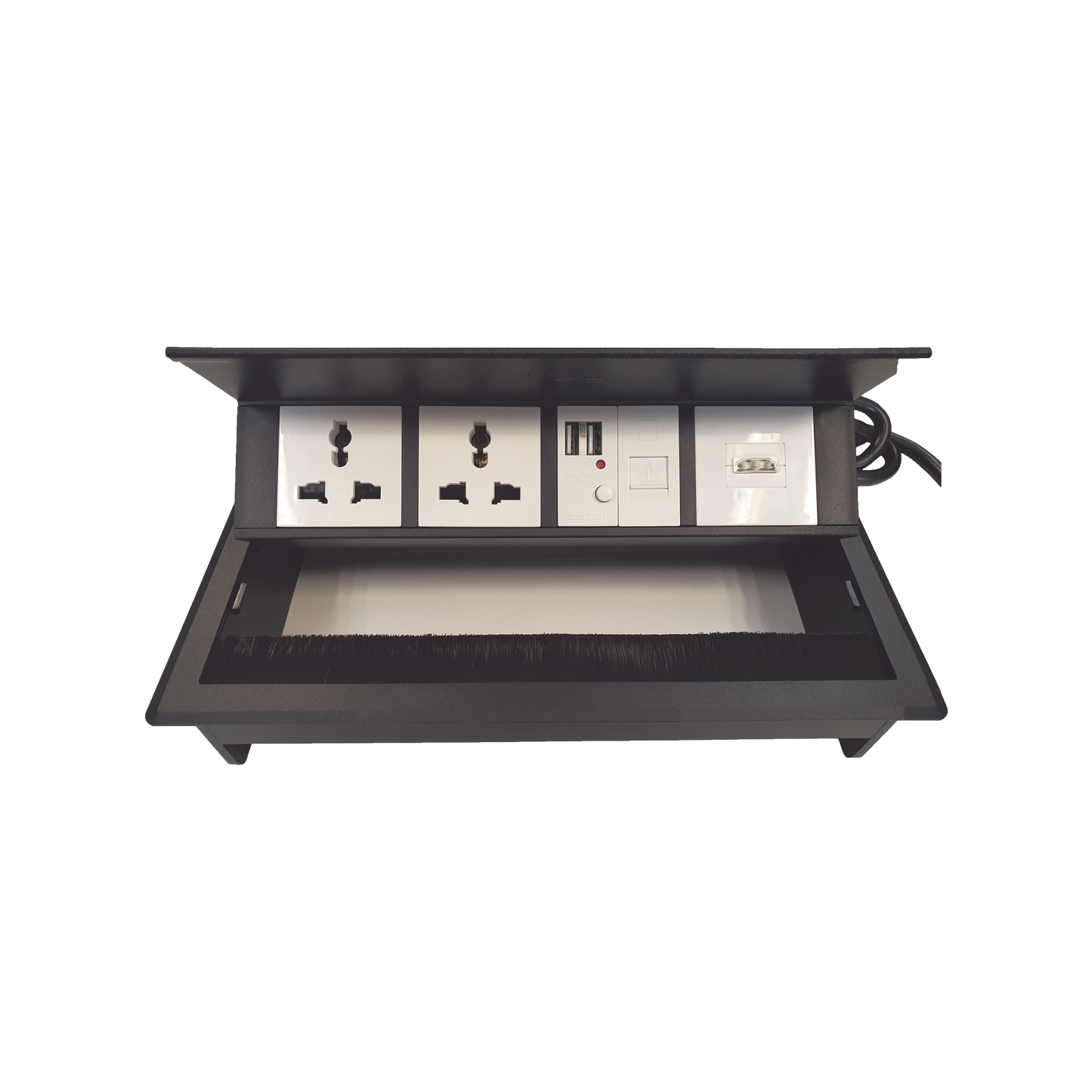 Caja Horizontal Tipo Hub para Escritorio Color Negro, con 1 Puerto HDMI Hembra-Hembra, 1 Puerto RJ45 Cat6, 2 Puertos USB (Solo Carga), y 2 Contactos El�ctricos Universales
