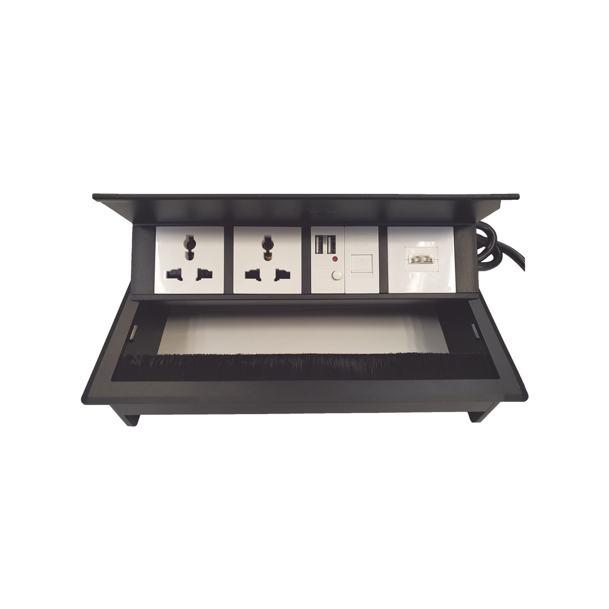 Caja Horizontal Tipo Hub para Escritorio Color Negro, con 1 Puerto HDMI Hembra-Hembra, 1 Puerto RJ45 Cat6, 2 Puertos USB (Solo Carga), y 2 Contactos El�ctricos Universales