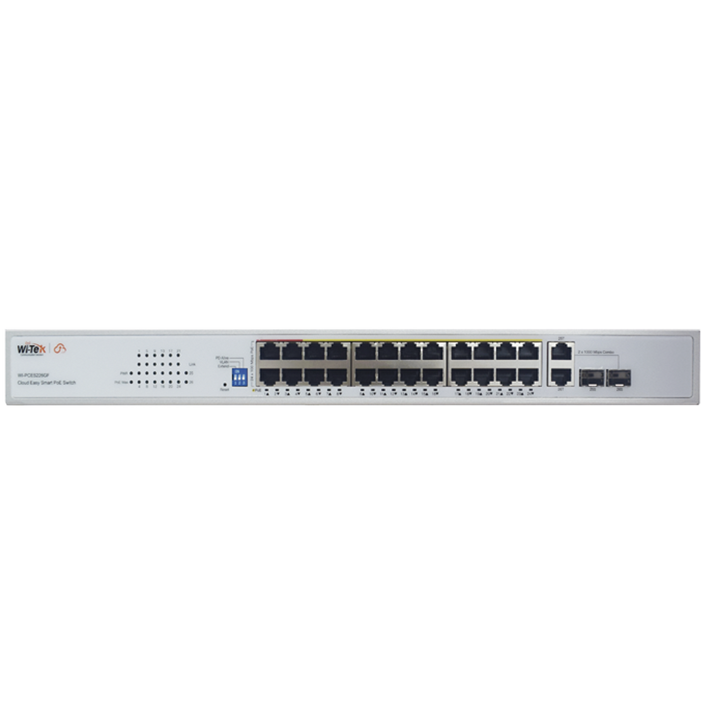 Switch PoE (802.3af/at/bt) / No administrable de largo alcance / Hasta 250m / Con 24 x 10/100Mbps + 2 x SFP Gigabit Combo / 250 W
