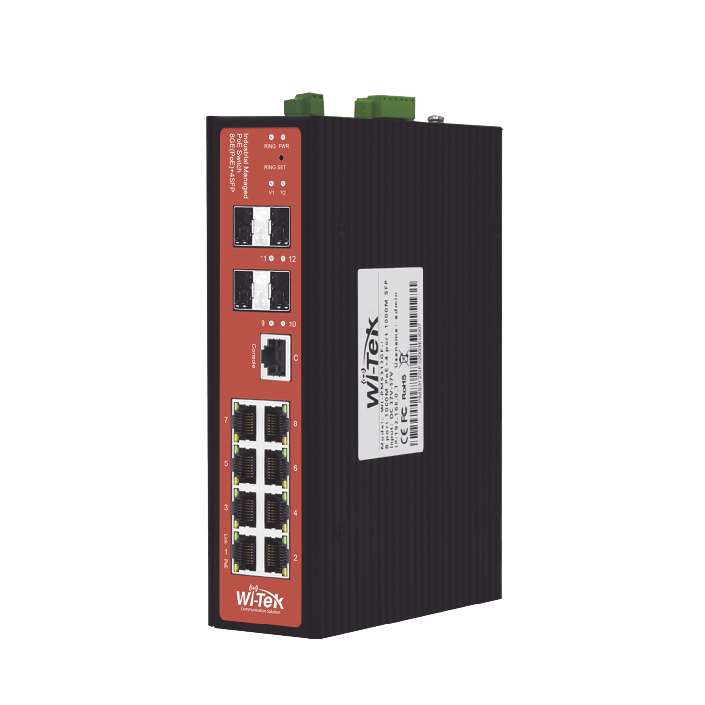 Switch Industrial administrable PoE, puerto 1-2 PoE 24/48. puertos 3-8 puertos 802.3 af/at/bt, hasta 60 W