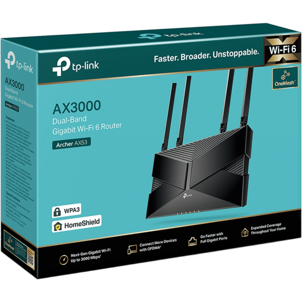 Router WiFi 6 doble banda AX 1800 Mbps / MU-MIMO y OFDMA / 1 Puerto WAN 10/100/1000 Mbps / 4 Puertos LAN 10/100/1000 Mbps / 4 Potentes Antenas / Compatible con EasyMESH