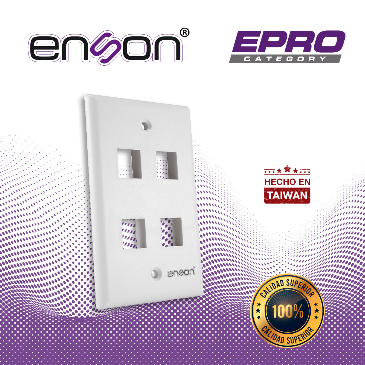 placa de pared (faceplate) enson epro-fp40 compatible con jack keystone 4 puertos color blanco uso en interior ideal para conectores rj45 coaxial fibra optica fabricado en plastico abs