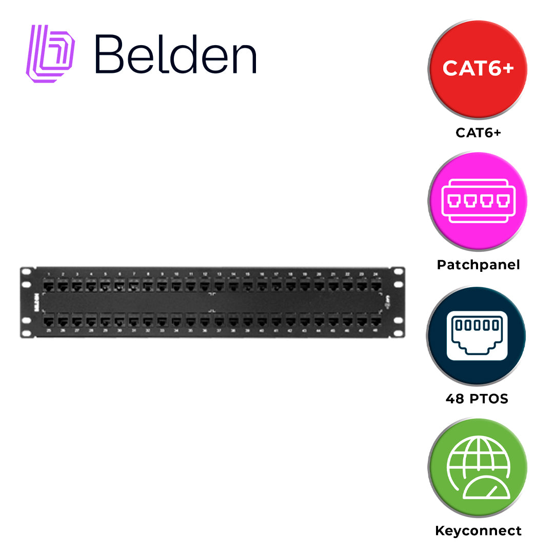 patch panel keyconnect cat6+ belden ax103255 / negro / 48 puertos / 2ur / precargado / pieza