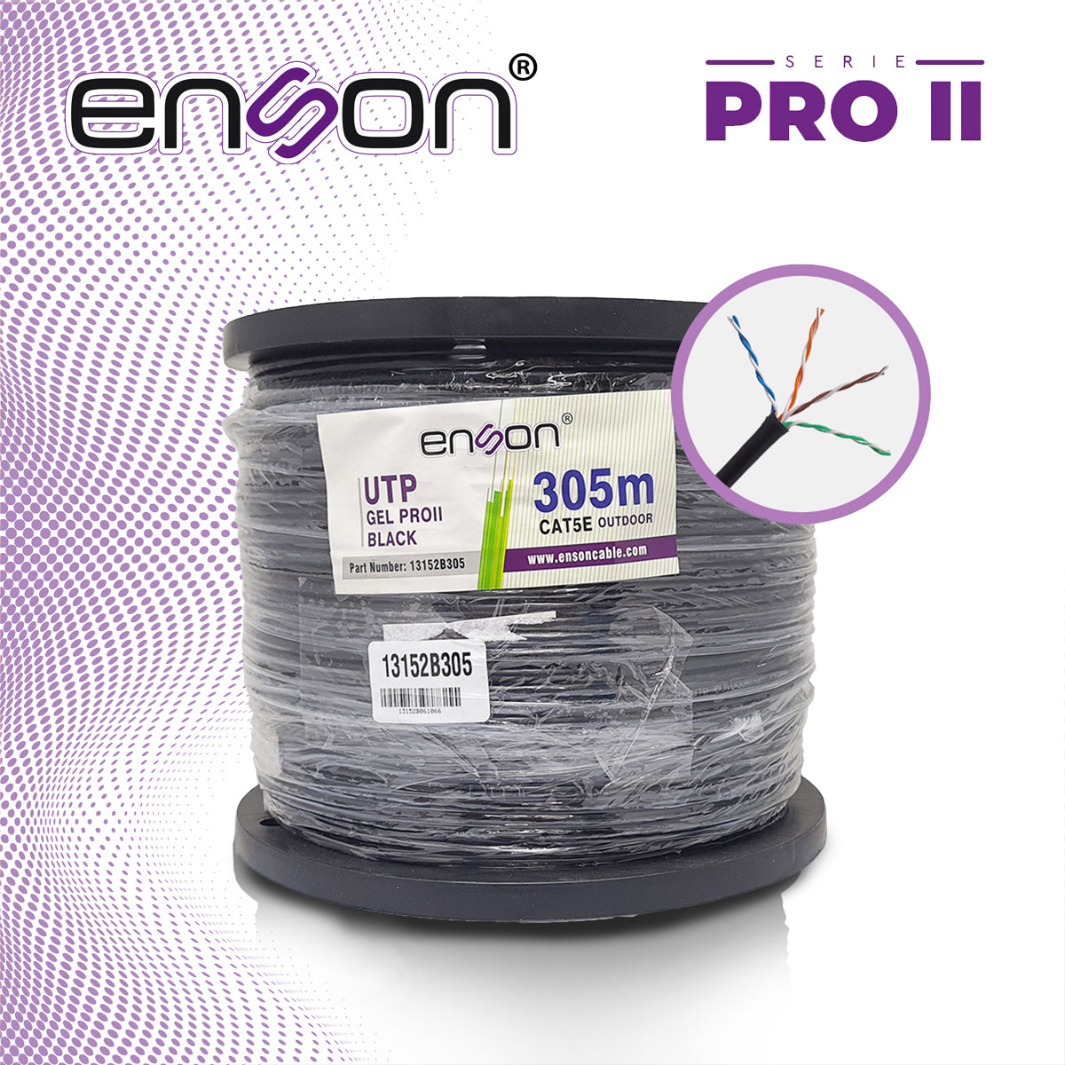 cable utp cat5e enson 13152b305 serie pro-ii c/gel calibe 24 awg 100% cobre bobina de 305 metros forro pe color negro uso exterior recomendado para cctv video ip y redes base 10100